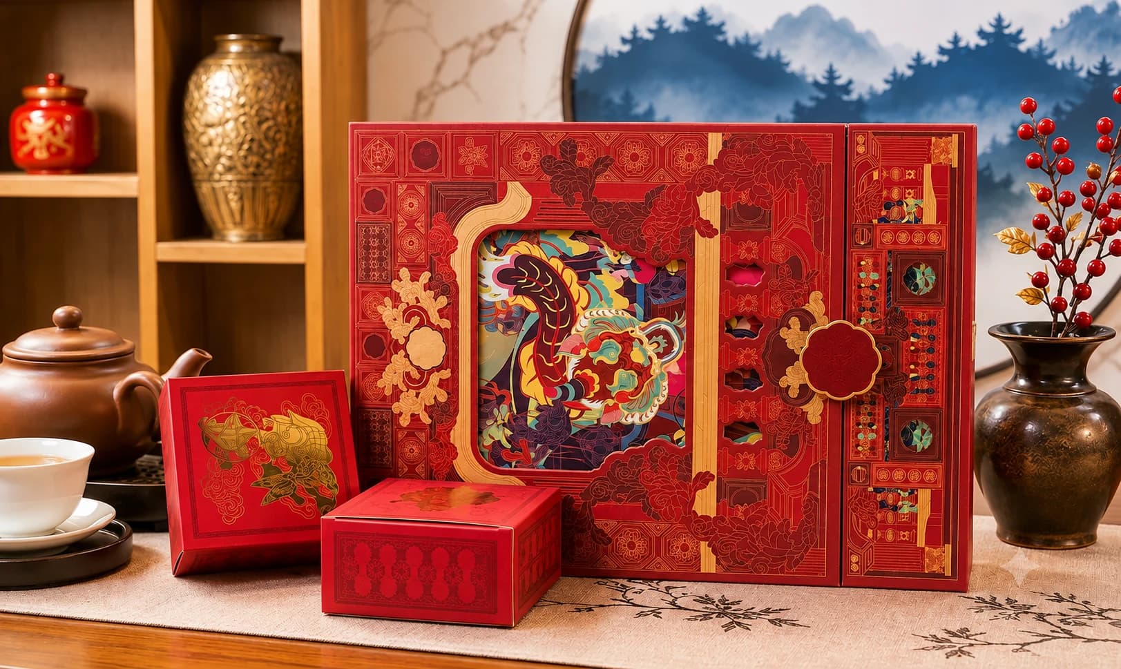 Hộp bánh trung thu thiết kế riêng Đông Dương Lân Vũ bìa đỏ