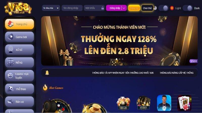 Giao diện trang chủ của cổng game vi68 club