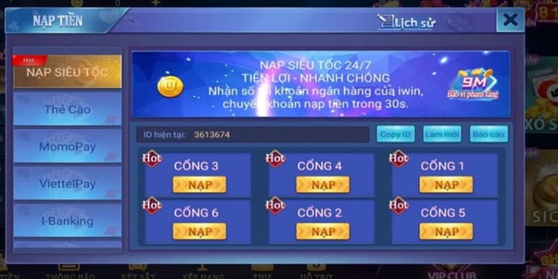 Nạp tiền vào cổng game Iwin68 club cực dễ