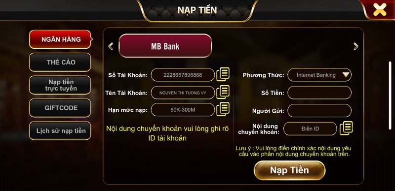 Nạp tiền tại cổng game vô cùng đơn giản