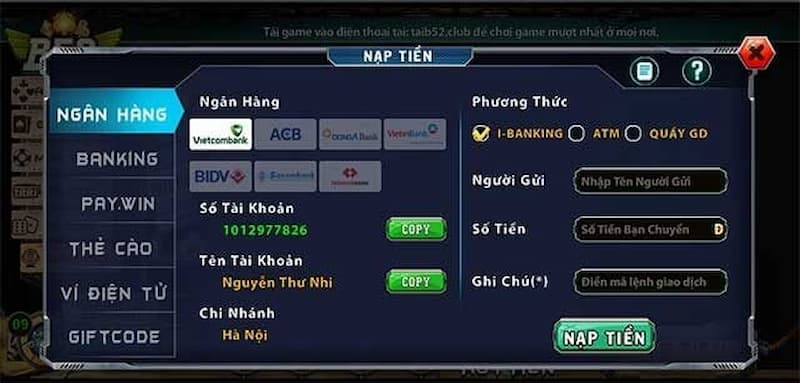 Nạp tiền vào B52 qua ngân hàng