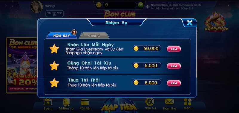 Những nhiệm vụ nhận thưởng Bonclub