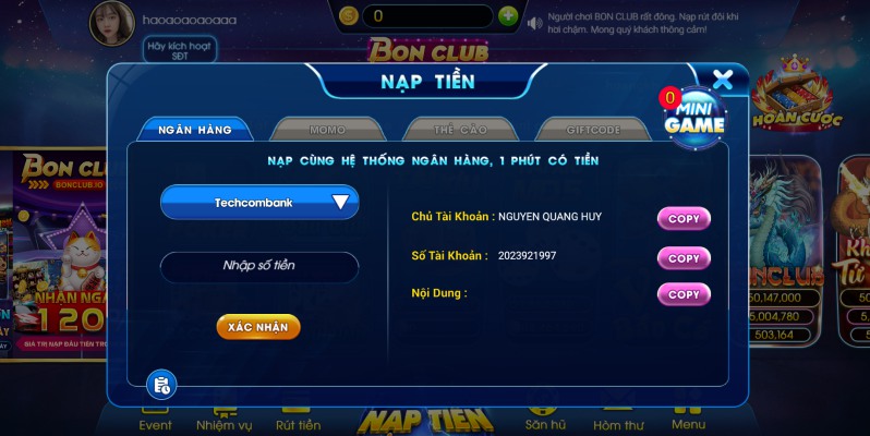 Các bước nạp tiền Bonclub