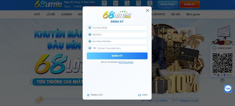 Hướng dẫn đăng ký tài khoản nhà cái 68Lottery nhận 68k