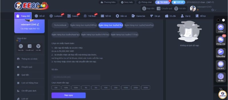 Cách nạp tiền vào sân chơi EE88 đơn giản